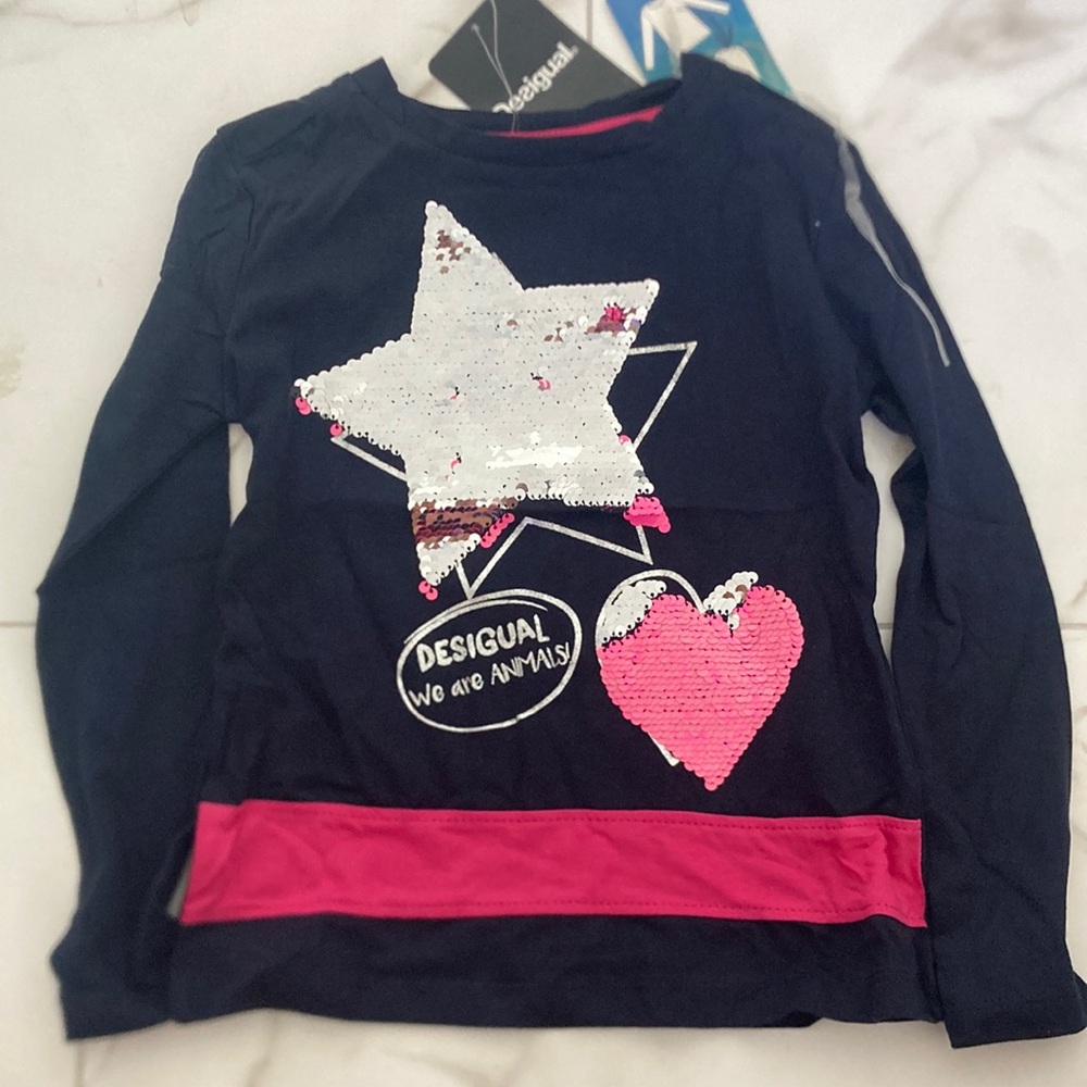 Desigual Kids' Navy and Pink Sequin Star Long Sleeve Tee